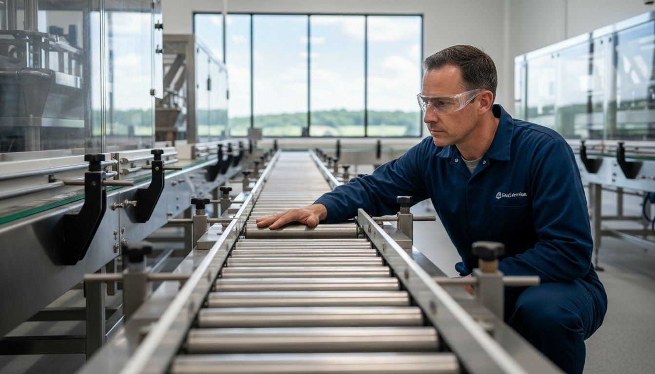 Technician inspecting conveyor rollers in a bright industrial facility