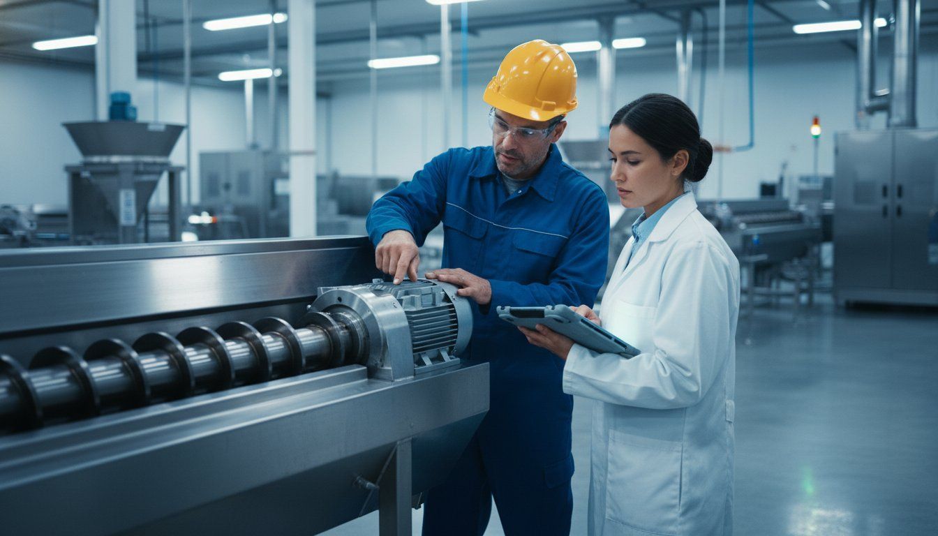 Industrial screw conveyor in a food plant, showing the trough and drive housing covered in this maintenance checklist.