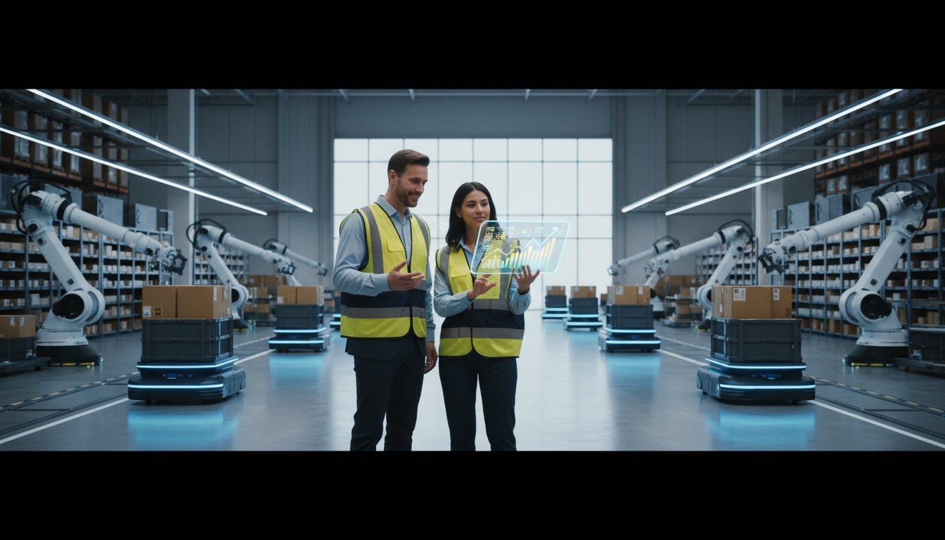 Automated warehouse conveyor and sorting system in a distribution center, illustrating equipment used to calculate ROI.