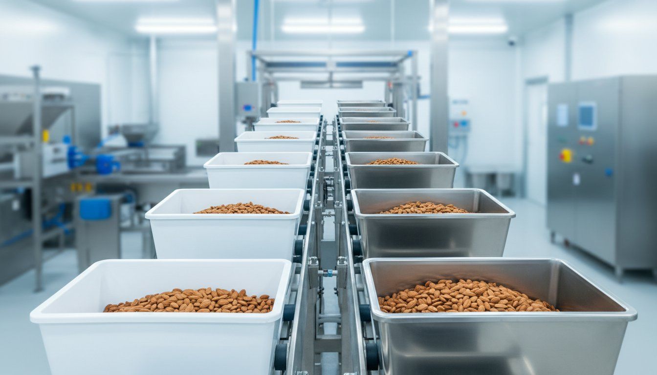 Food grade plastic elevator buckets mounted on a bucket elevator belt used for handling grain, sugar, or bulk ingredients.