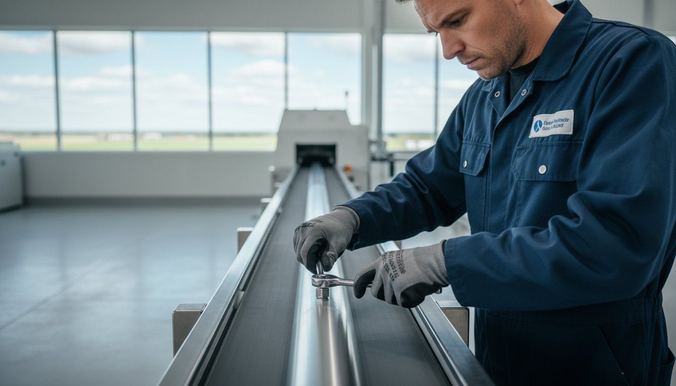 Industrial conveyor belt drifting off-center on its rollers, illustrating the misalignment this tracking guide addresses.
