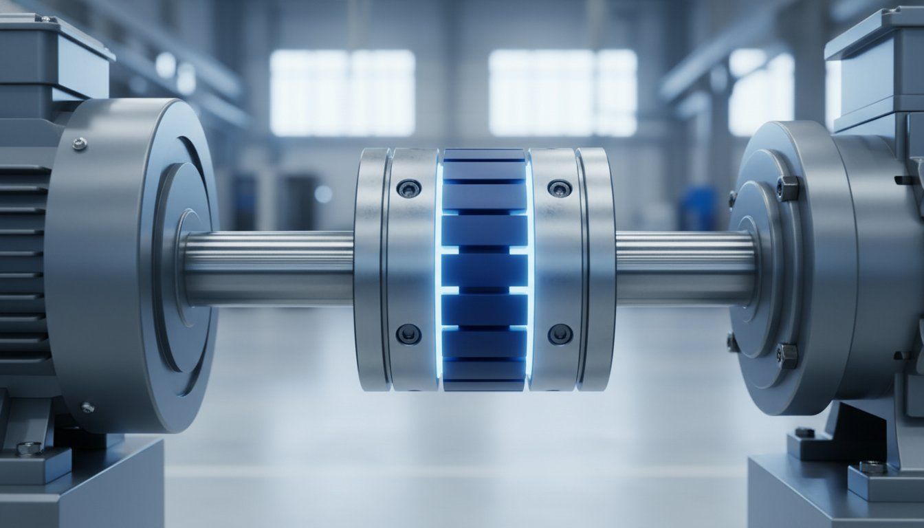 Industrial shaft coupling connecting a motor and gearbox, illustrating alignment that prevents bearing failure and downtime.