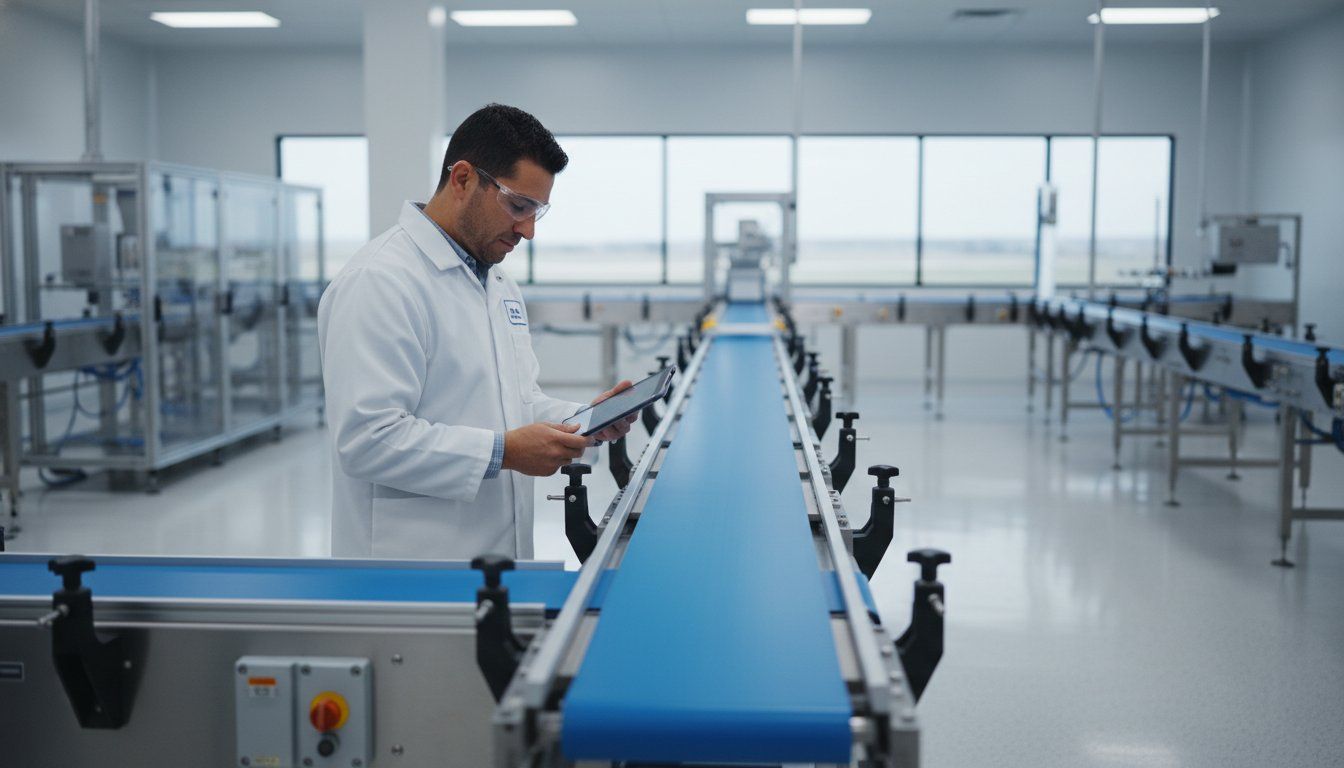 Technician inspecting an industrial conveyor belt on a production line