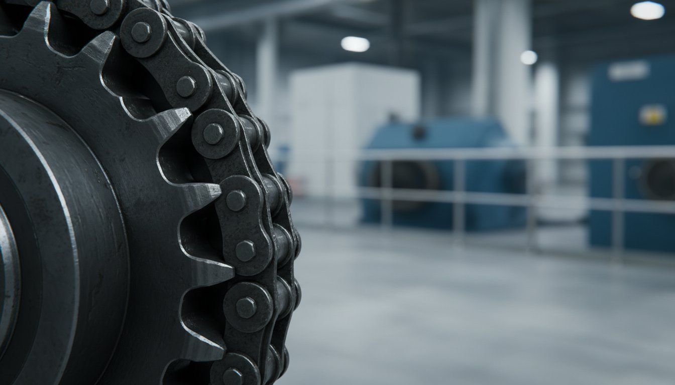 Close-up of an industrial roller chain and sprocket showing wear patterns inspected during a preventive maintenance check.