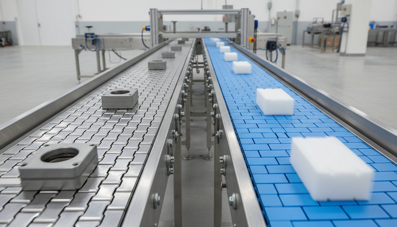 Plastic and stainless steel modular conveyor belts side by side in a plant, illustrating the comparison in this guide.