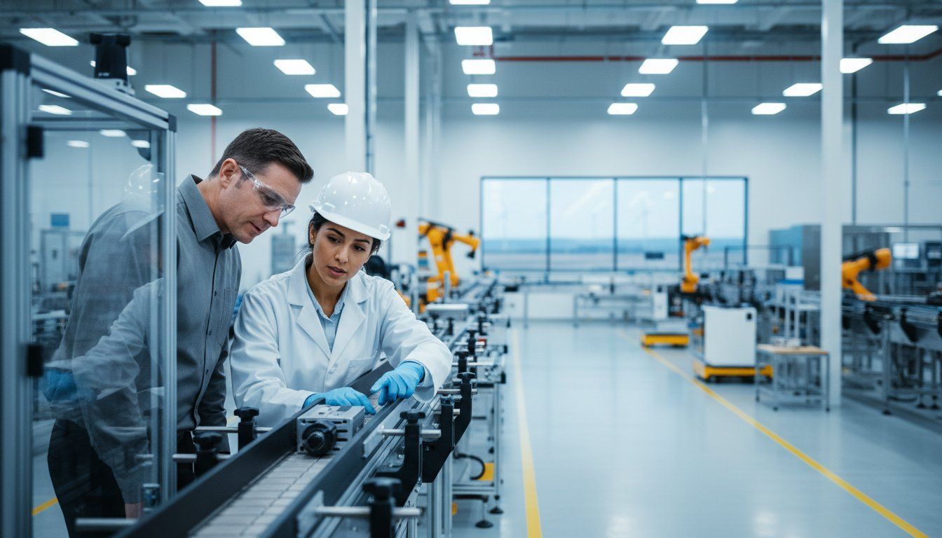 People inspecting parts on a conveyor line