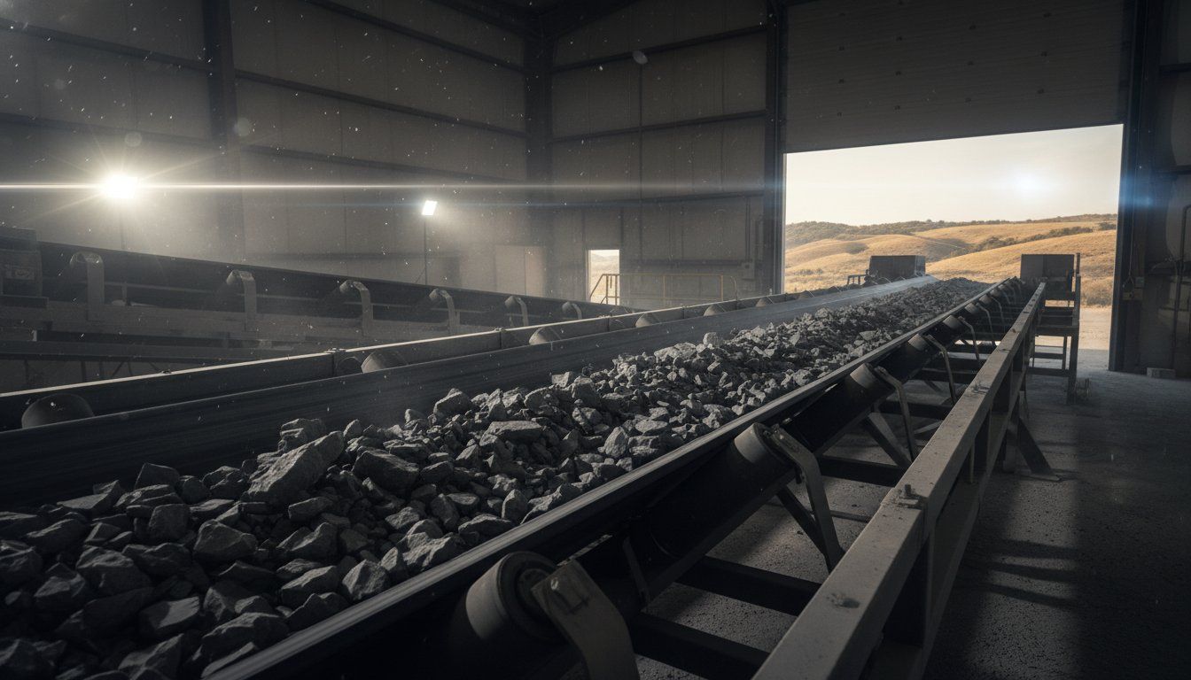 Heavy duty conveyor belt hauling crushed rock and ore in a mining operation, illustrating tough industrial belt use.