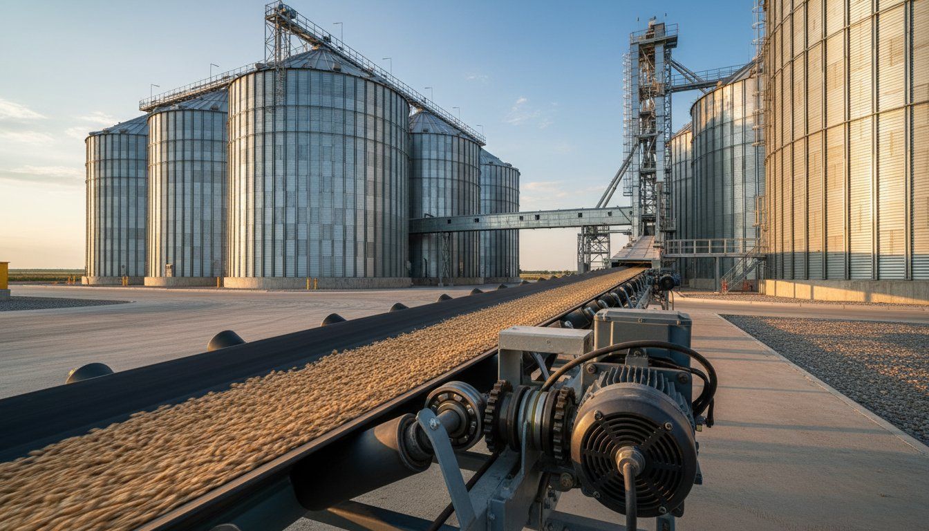 Industrial silos with grain conveyor and machinery in a sunlit farm storage yard