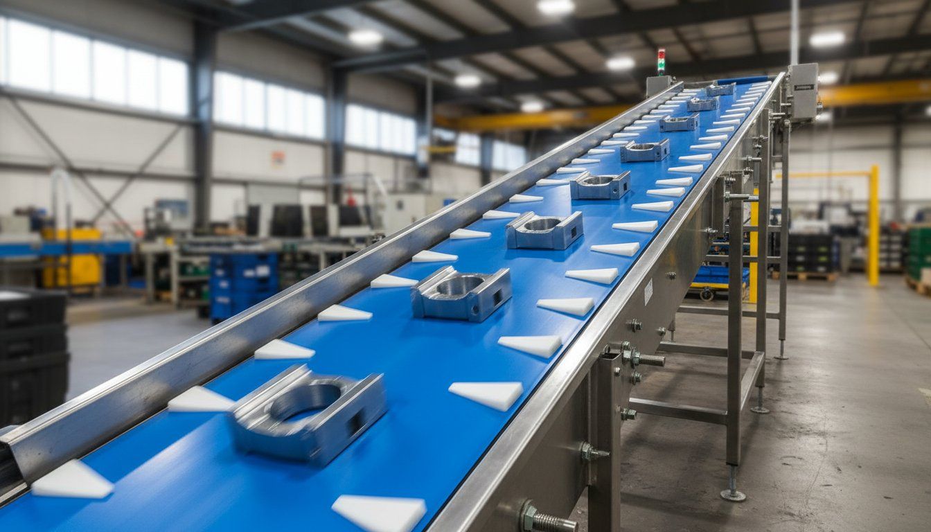 Custom-fabricated conveyor belt with cleats and sidewalls, manufactured for a specialized material handling application.