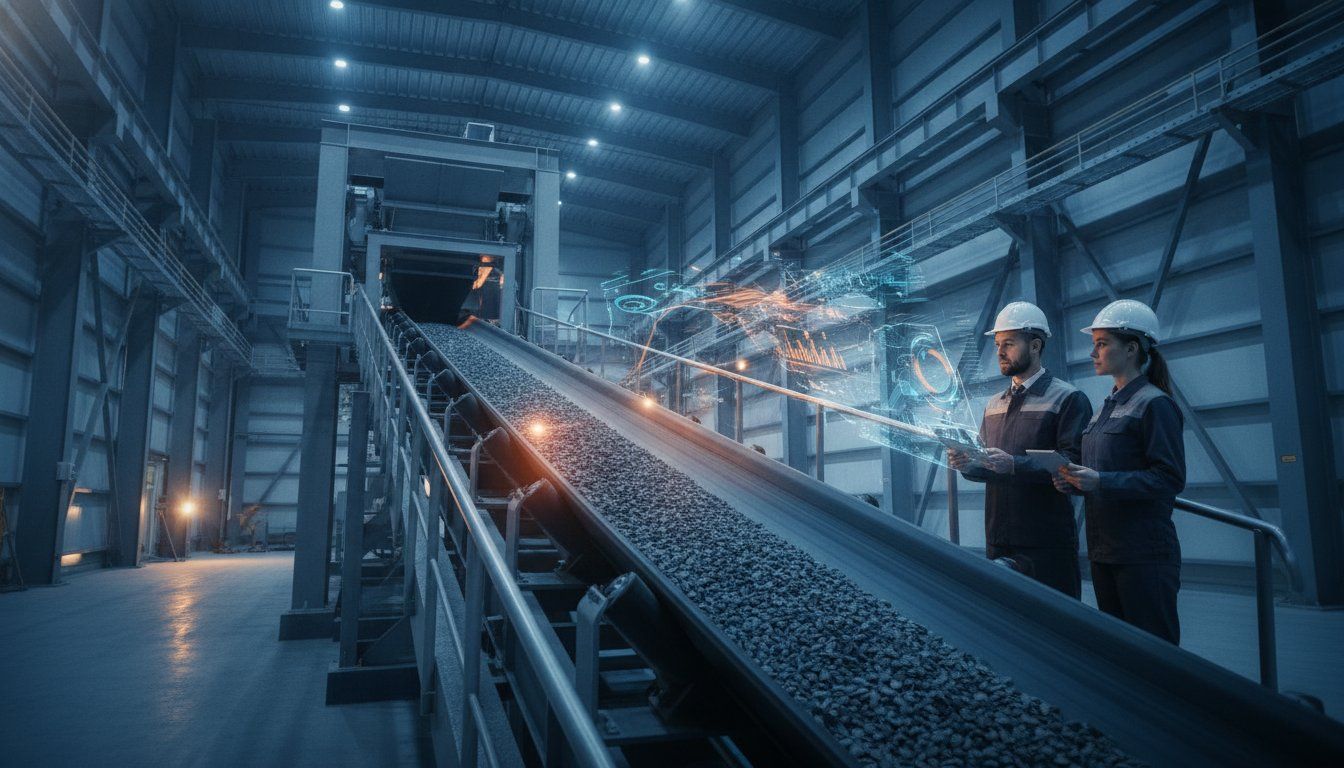 Two engineers with a tablet beside an inclined conveyor carrying crushed aggregate, overlaid with glowing data graphics