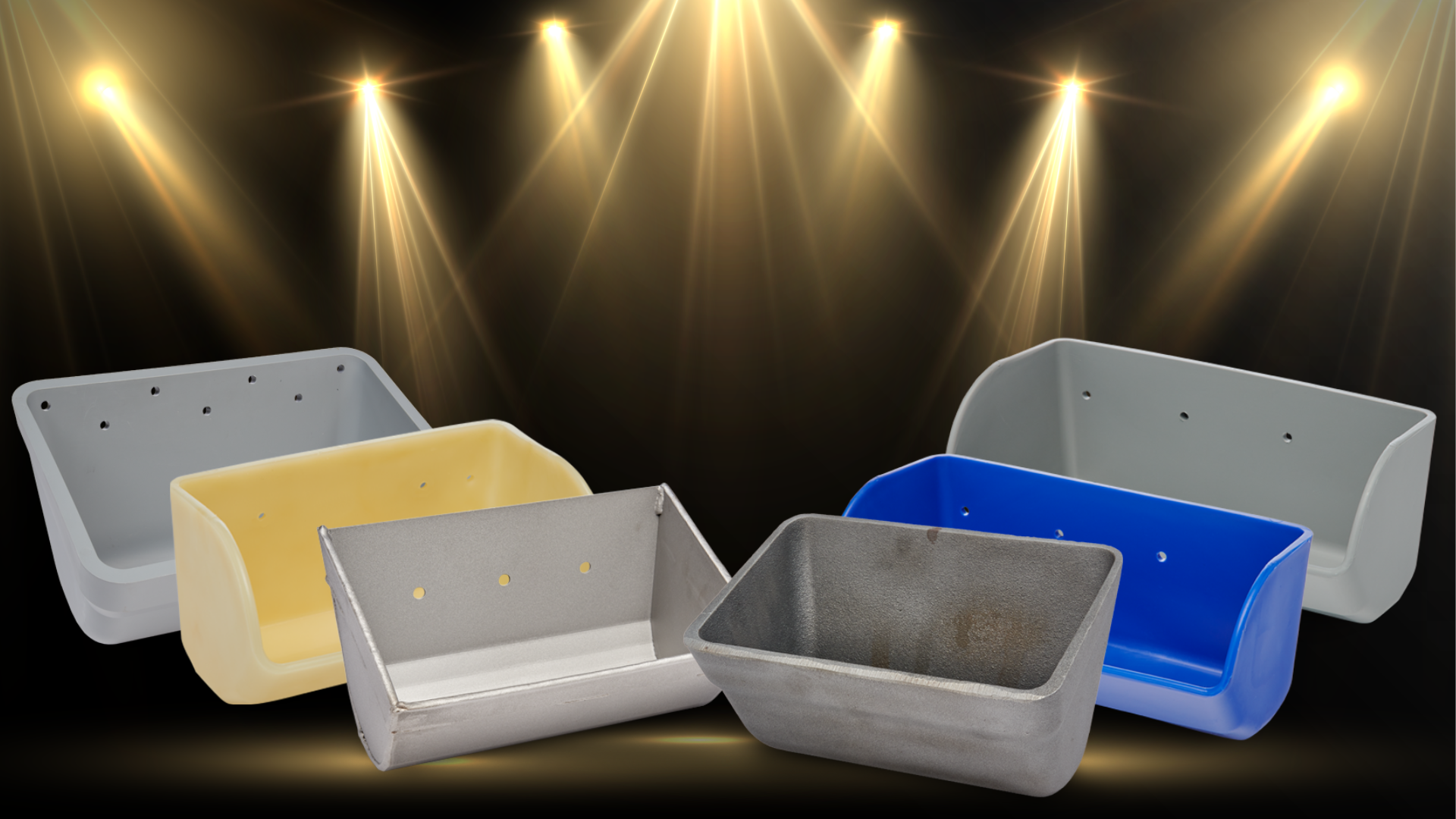 Polyethylene, urethane, nylon, steel, and ductile iron elevator buckets in blue, tan, and gray, supplied by Jealco