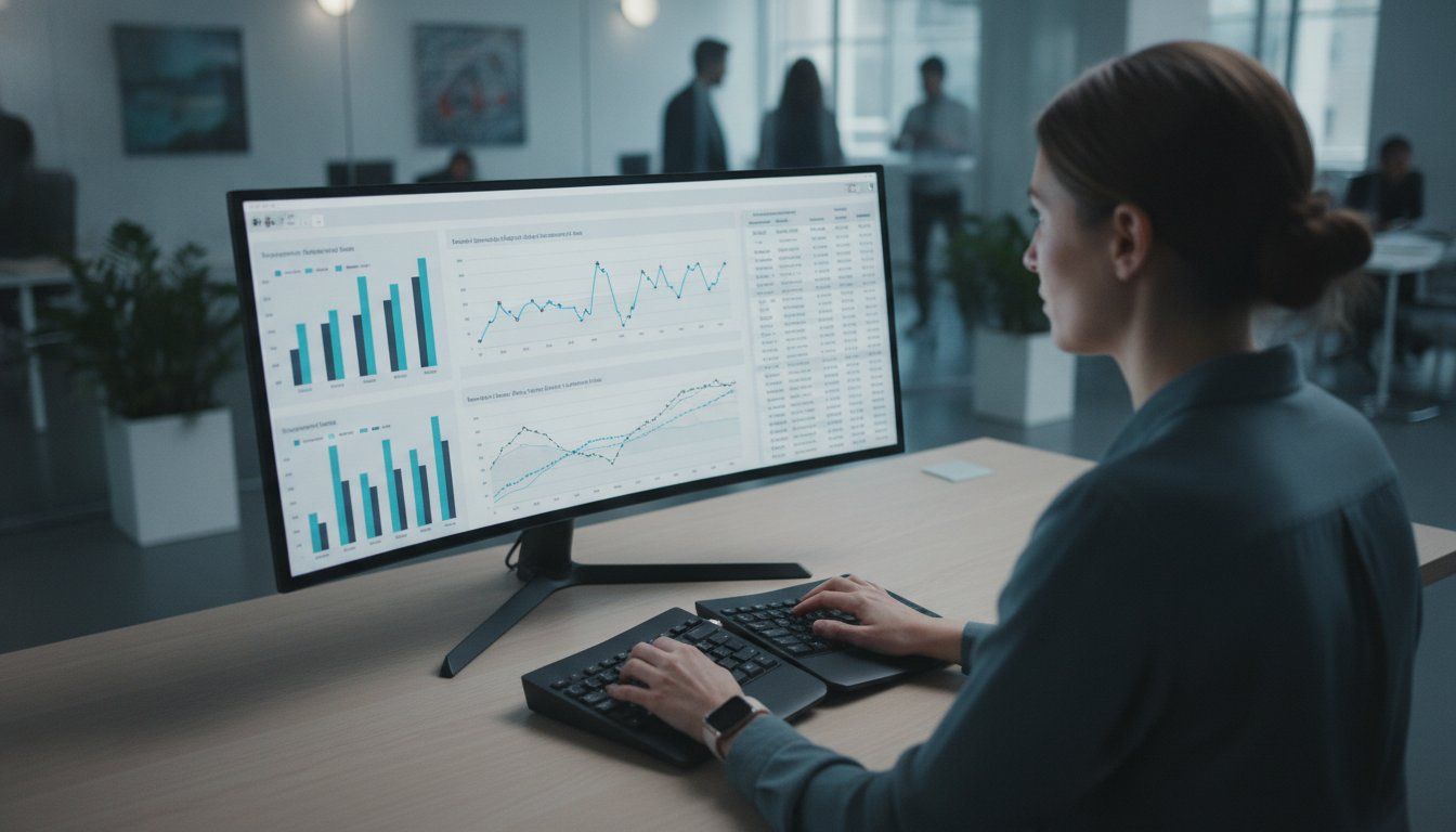 Person at computer analyzing costs of a conveyor system