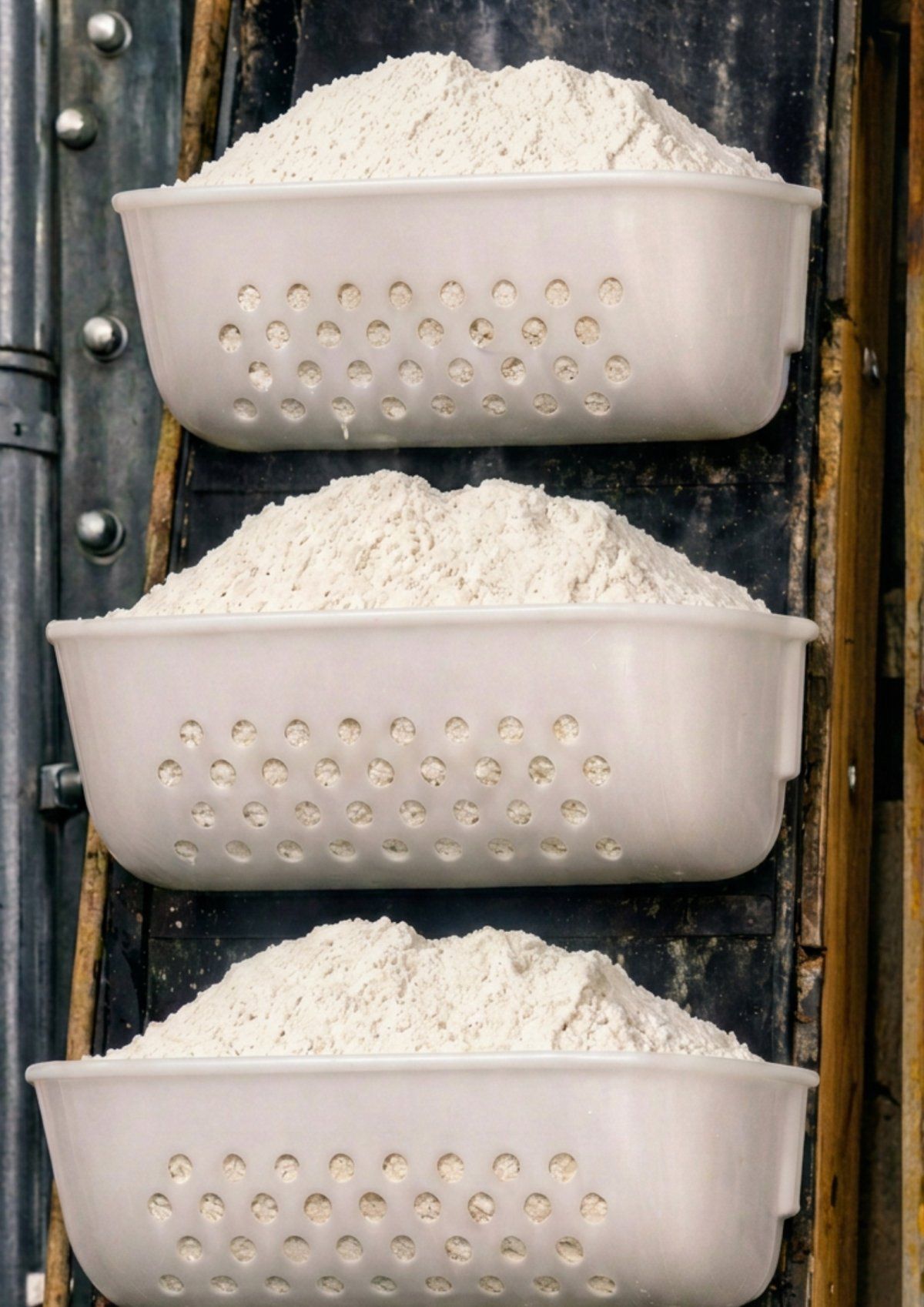 Vented White Elevator bucket moving flour up a grain elevator