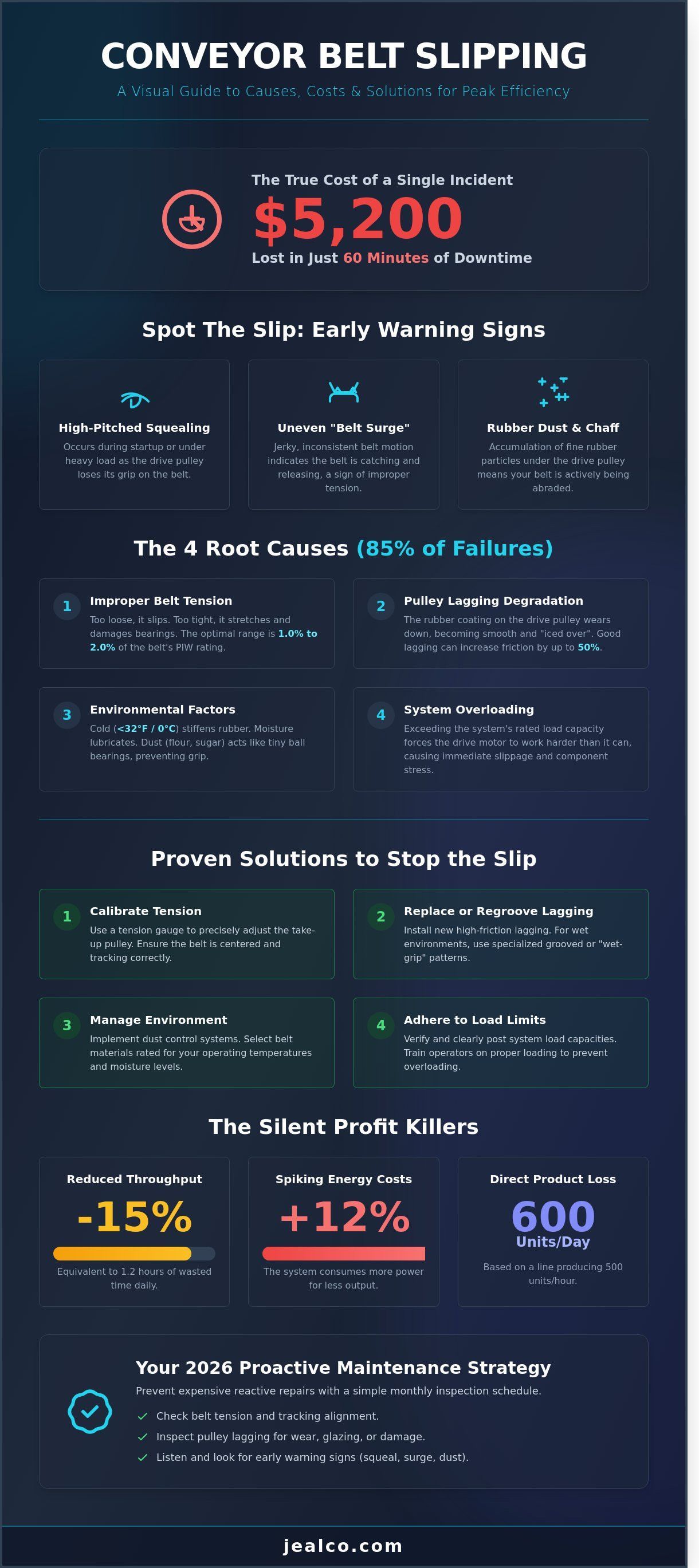 Infographic on conveyor belt slipping, and loss and prevention tips