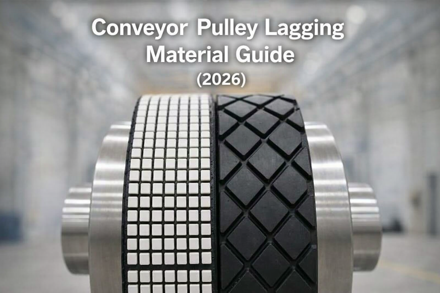 Conveyor pulley lagging guide cover with white and black rubber lagging rollers labeled 2026
