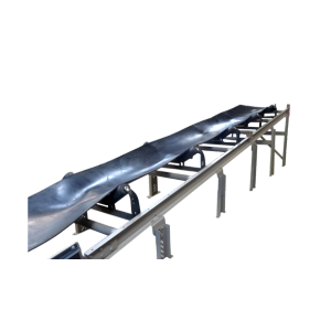 Black flexible troughted conveyor belt on a metal frame, set against a white background.