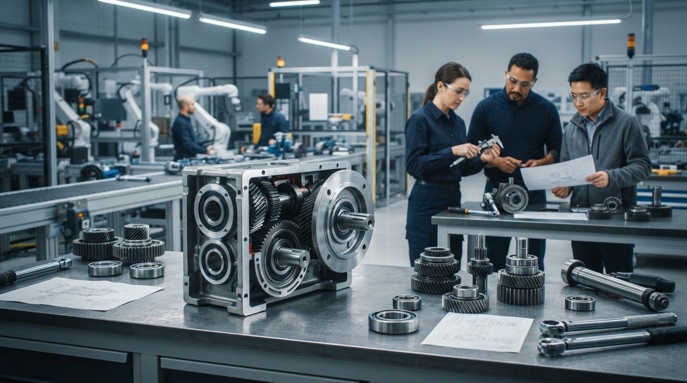 Three technicians review a drawing beside an open helical speed reducer, loose gears and bearings on