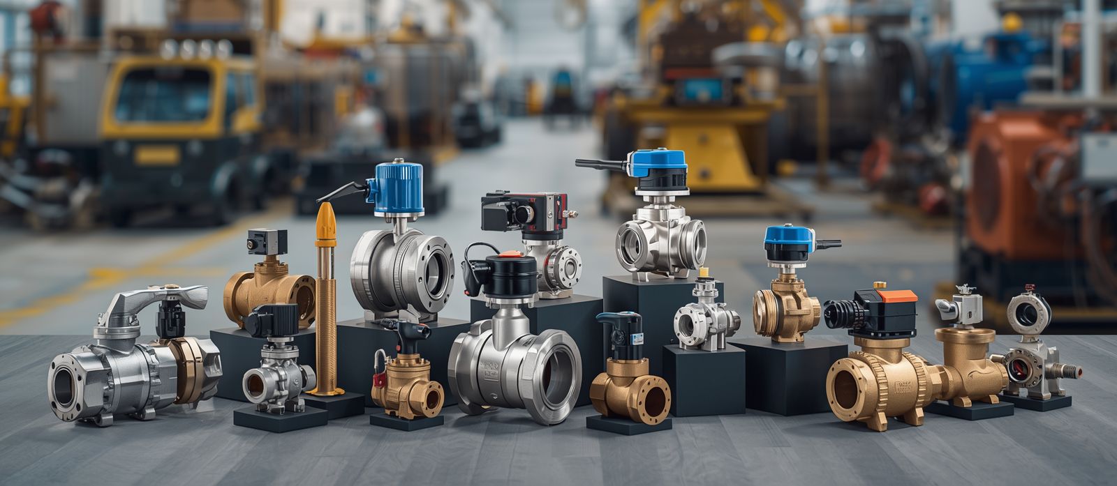 Industrial factory floor with assorted pneumatic valves and fittings arranged in the foreground.