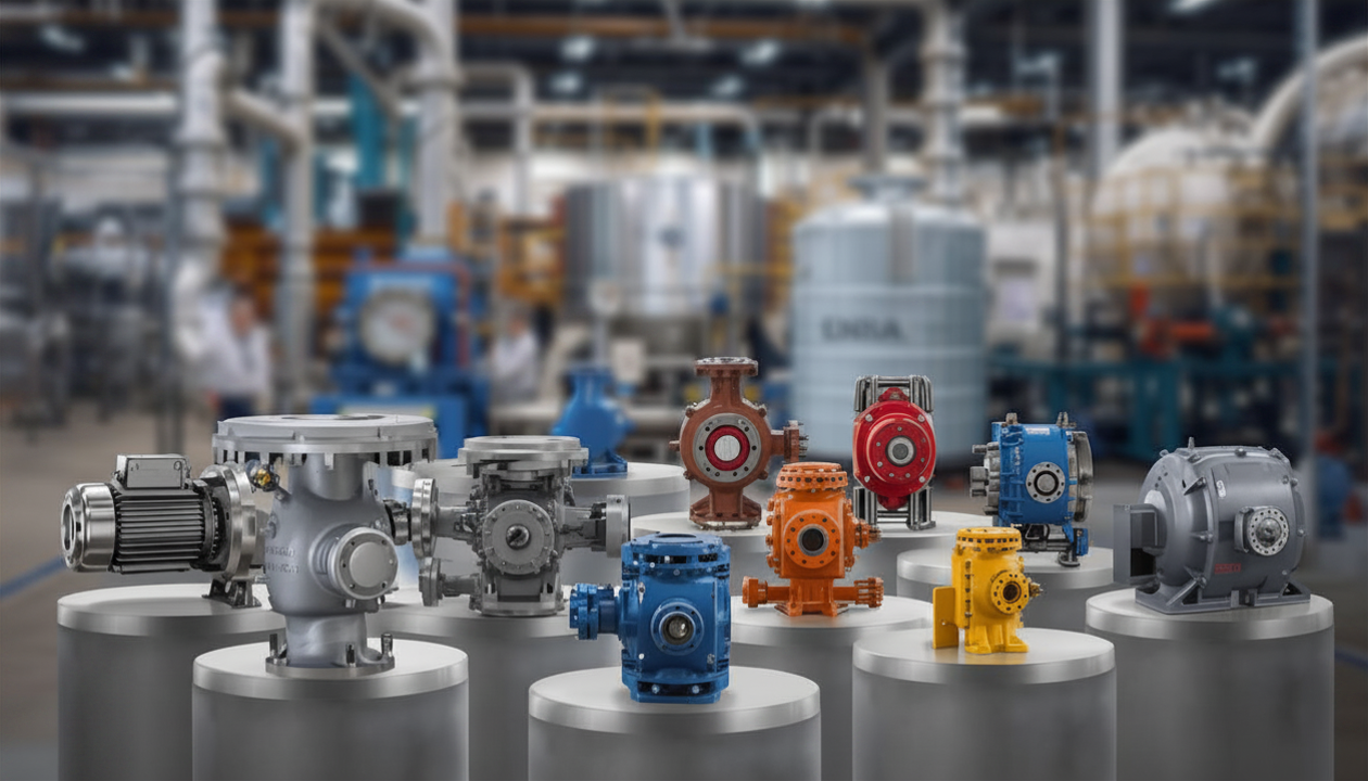 Assorted industrial pumps in silver, blue, red, orange, and yellow on a factory floor