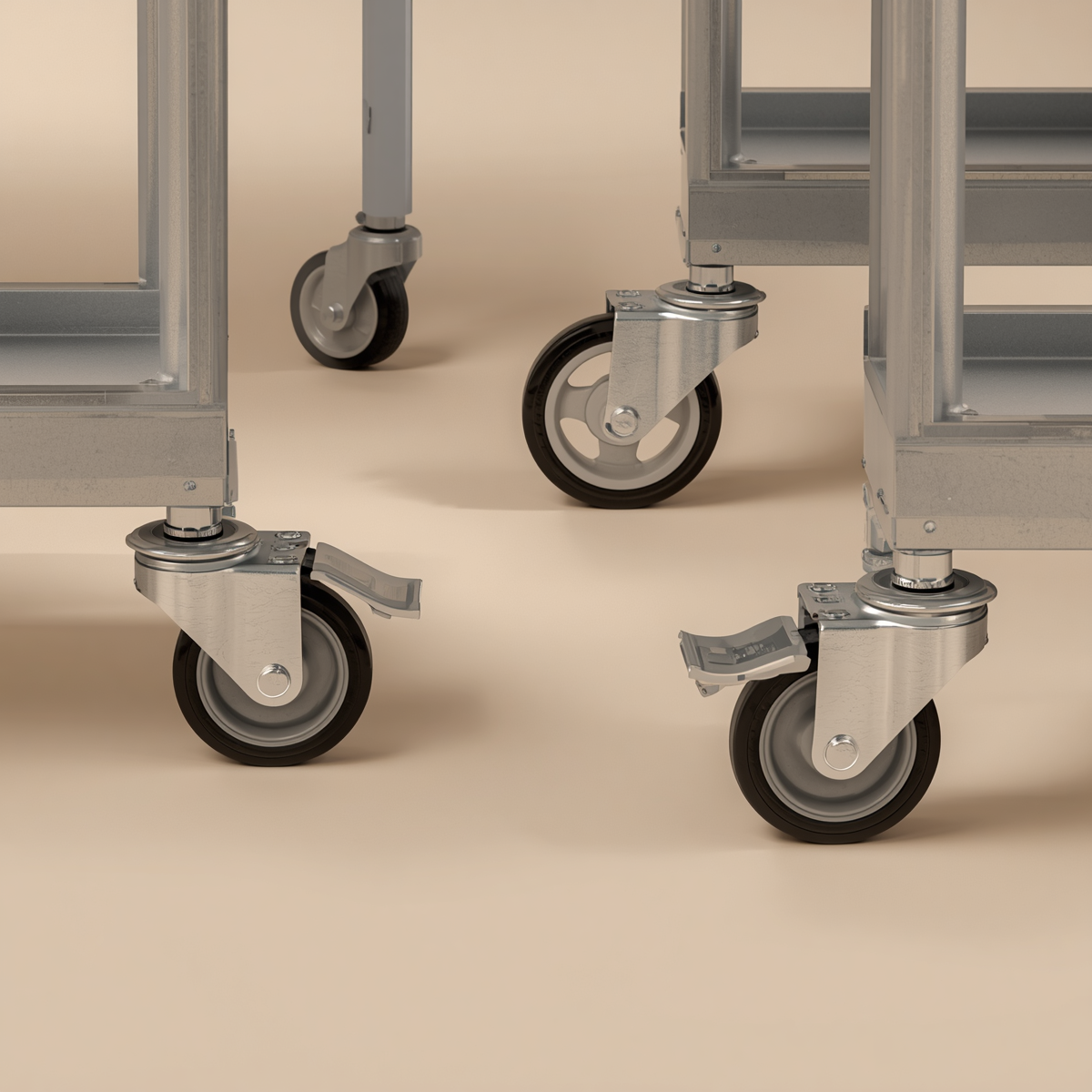 Light-duty swivel casters mounted on a stainless steel cart frame