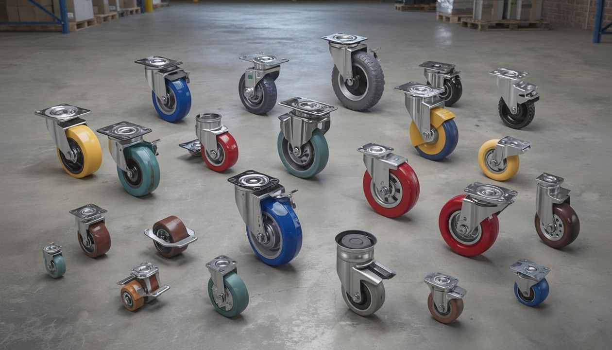 Assortment of industrial swivel casters with polyurethane and rubber wheels arranged on a warehouse floor