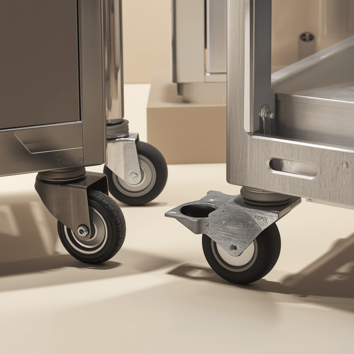 Medium-duty swivel casters with rubber wheels mounted under a stainless steel utility cart