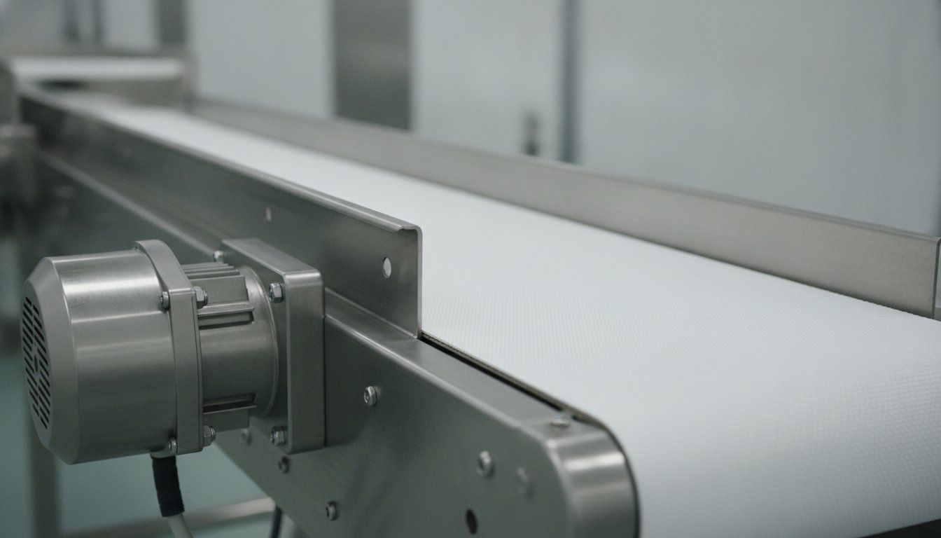 Stainless steel sanitary conveyor with open-frame design and washdown-rated motor for food processing environments.