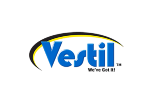 Vestil logo, blue text with black and yellow arch, slogan: