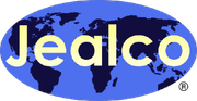 Jealco logo: Yellow text on a blue oval with a dark blue world map background.