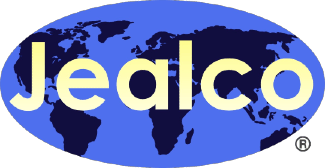 Jealco logo: Yellow text on a blue oval with a dark blue world map background.
