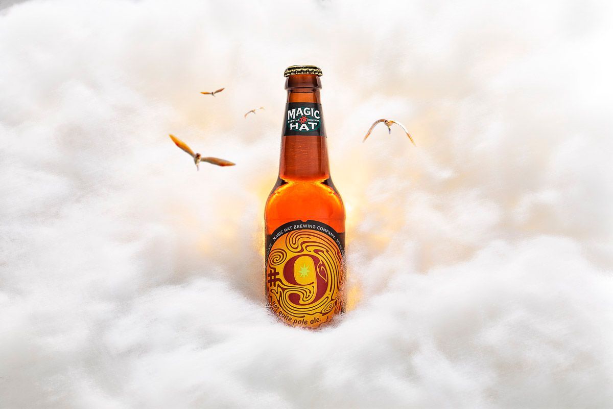 Magic Hat Number Nine with birds and late afternoon clouds. Beverage product photography by JAM Creative.
