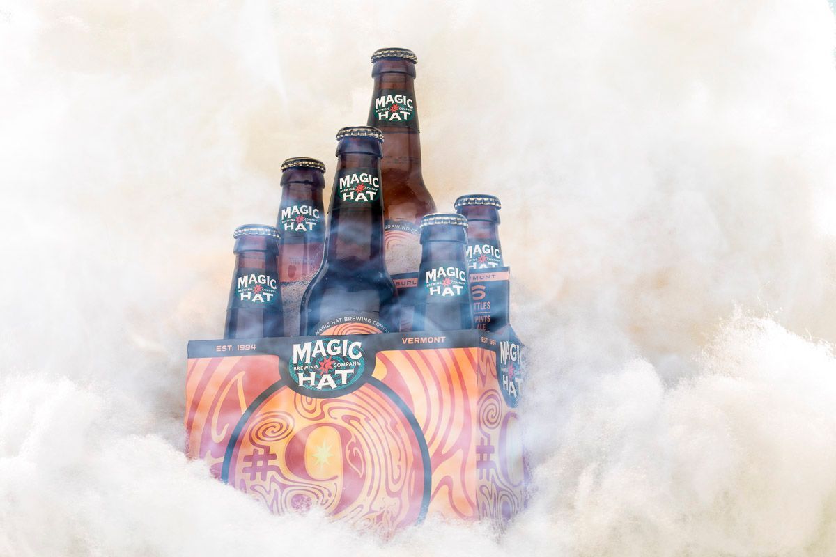 Magic Hat Number Nine rises through foggy clouds. Beverage product photography by JAM Creative.