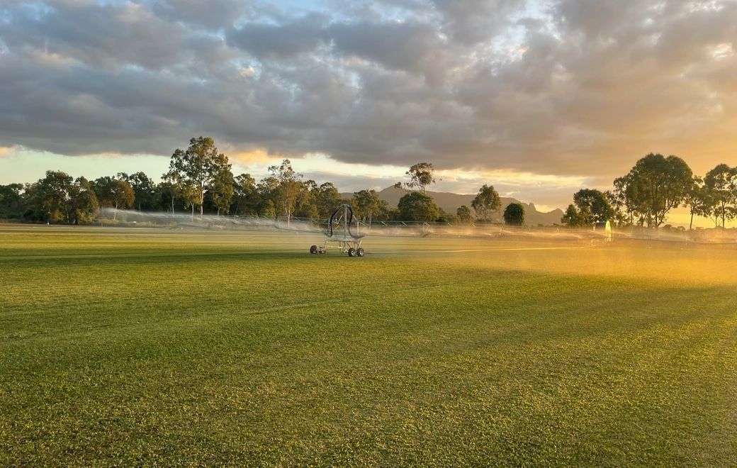 Green Field with Irrigation System Misting Water, Trees, and Sunset — Top Notch Turf in Rasmussen, QLD