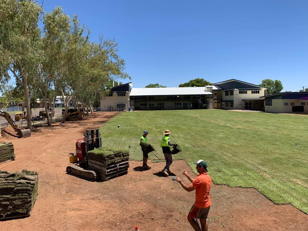 Workers Laying Sod on A Lawn with A Forklift, Sunny Day — Top Notch Turf in Rasmussen, QLD