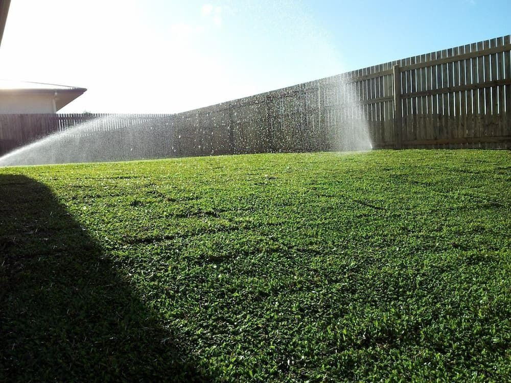Sprinkler Watering Green Lawn in A Yard, Wooden Fence in The Background, Sunny Day — Top Notch Turf in Rasmussen, QLD