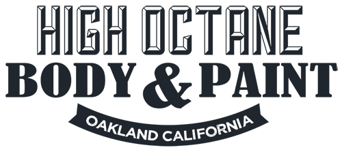 A logo for high octane body and paint in oakland california.