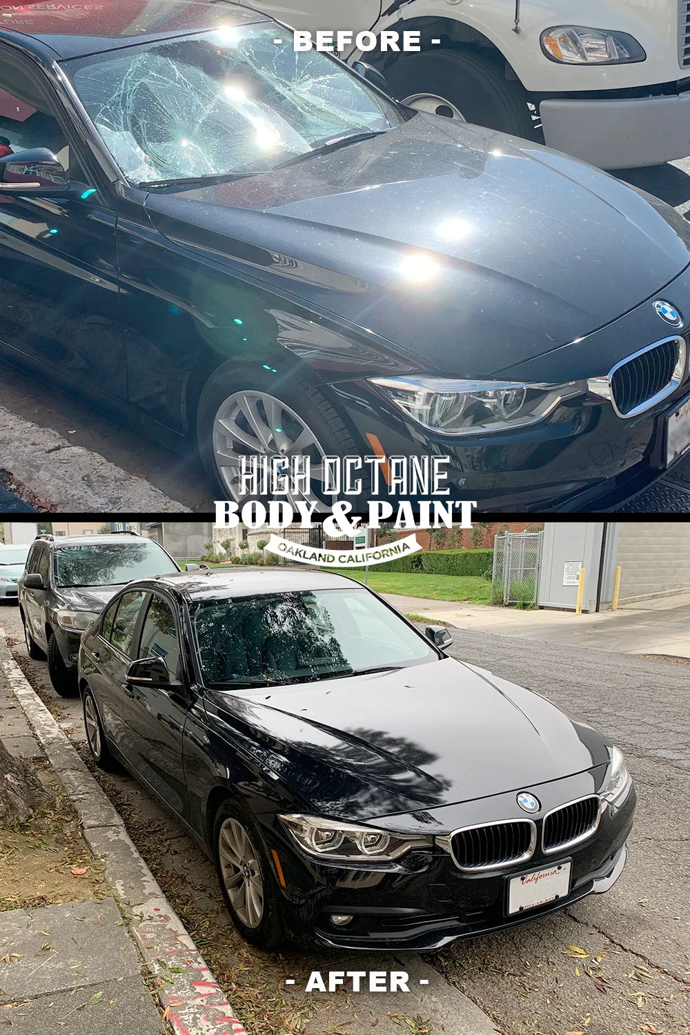 A before and after photo of a black bmw parked on the side of the road.