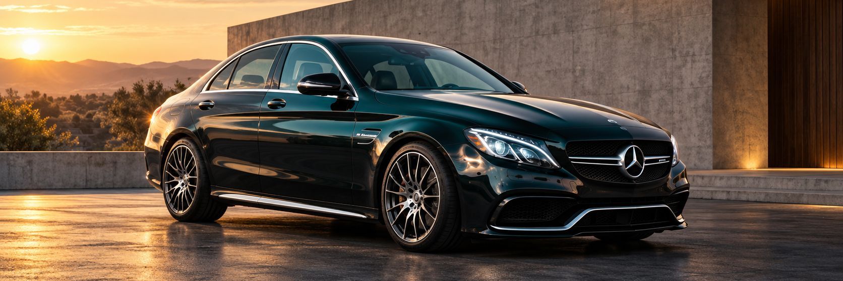Black Mercedes sedan parked on wet pavement at sunset beside a concrete wall