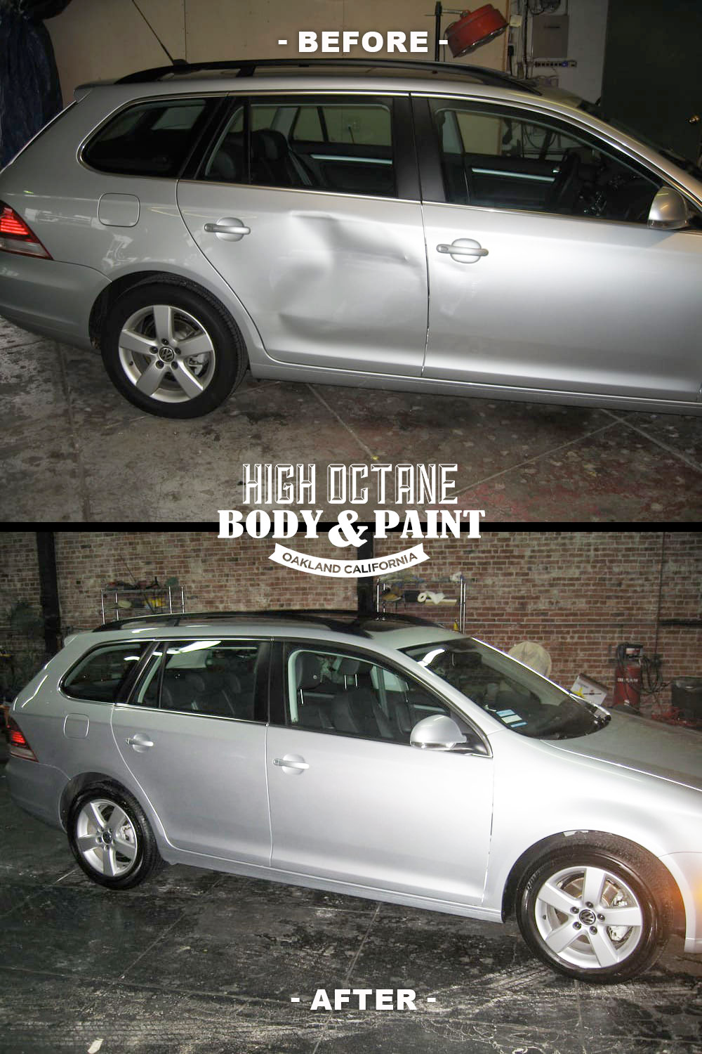 A picture of a silver car before and after being painted.