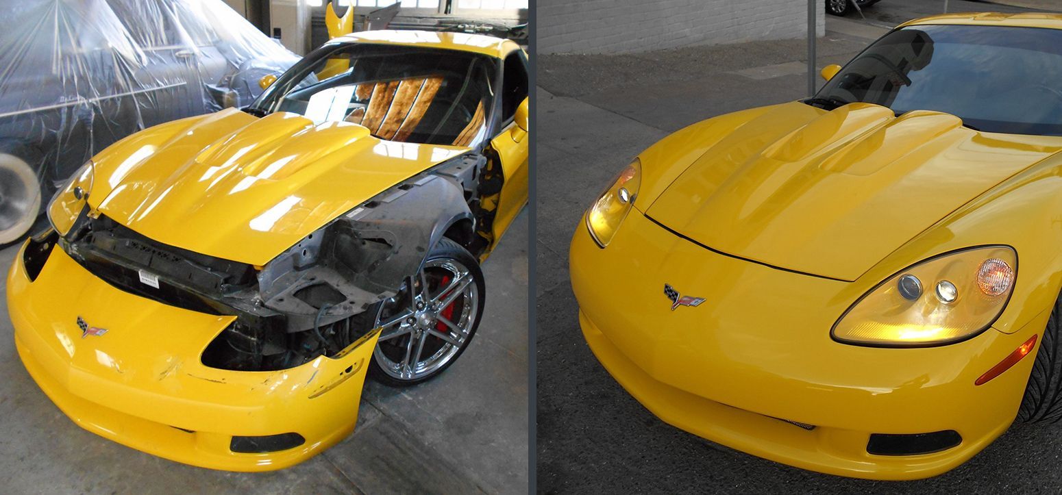 Two pictures of a yellow sports car with a damaged hood.
