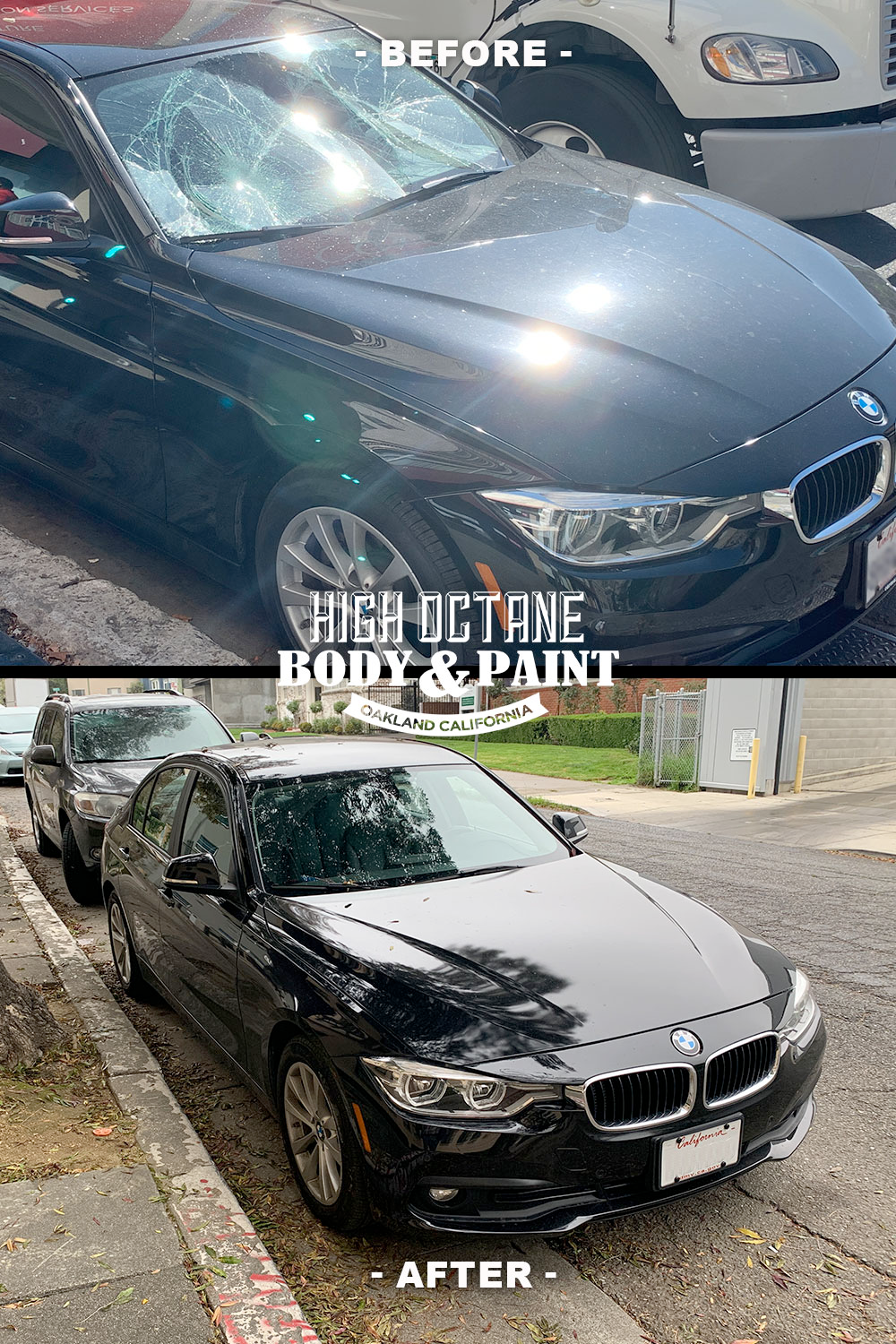 A before and after photo of a black bmw parked on the side of the road.