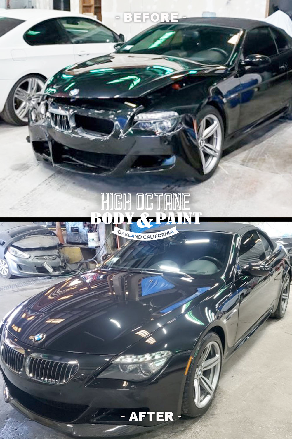 A before and after photo of a bmw m6 coupe.