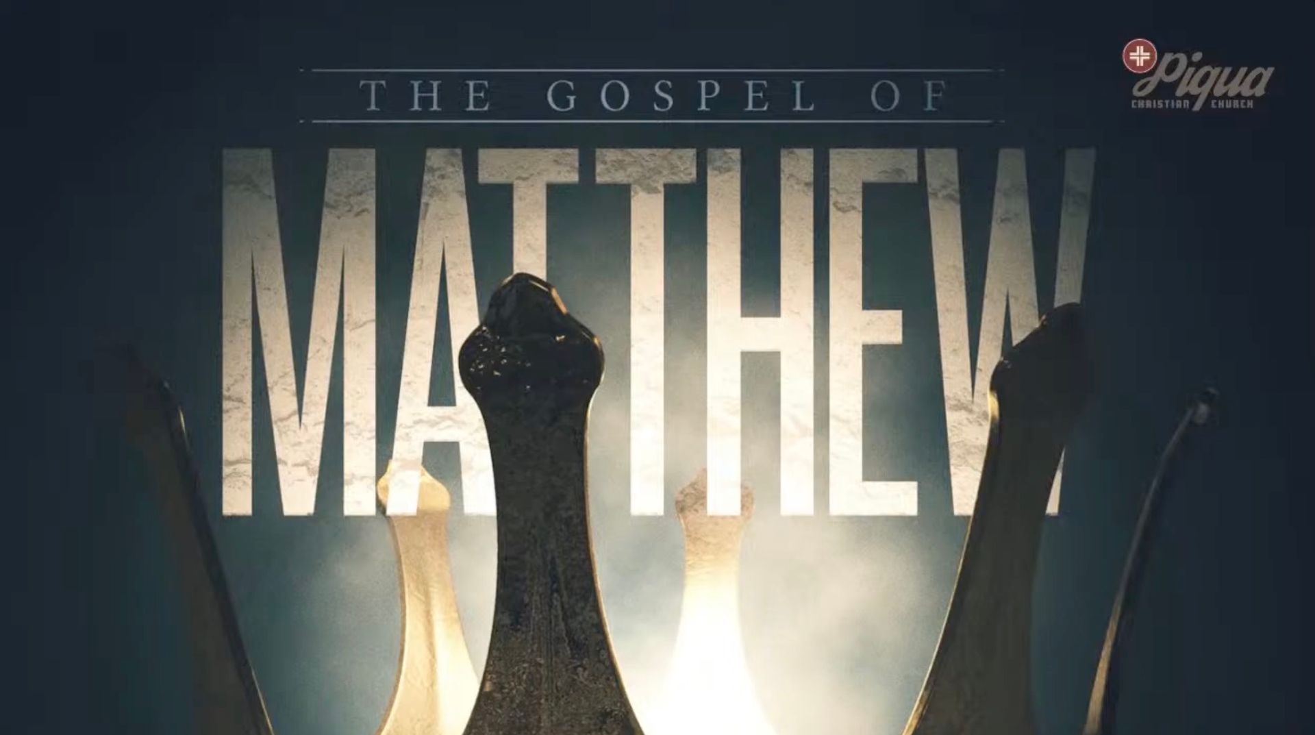The Gospel of Matthew title over silhouetted raised hands against a dark, glowing background.