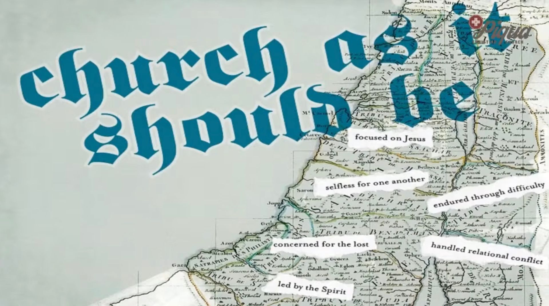Blue Gothic text over a map with white labels, reading “church as it should be”