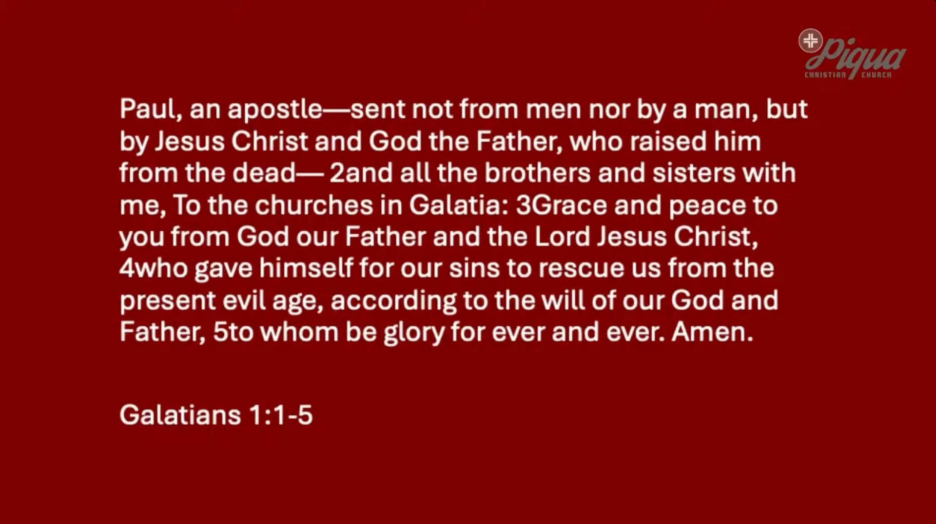 Red Bible verse graphic with white text from Galatians 1:1-5 on salvation through Jesus Christ