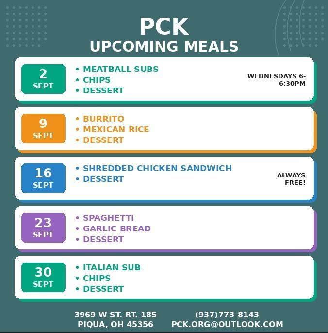PCK upcoming meals flyer listing weekly lunches, and “Always Free”