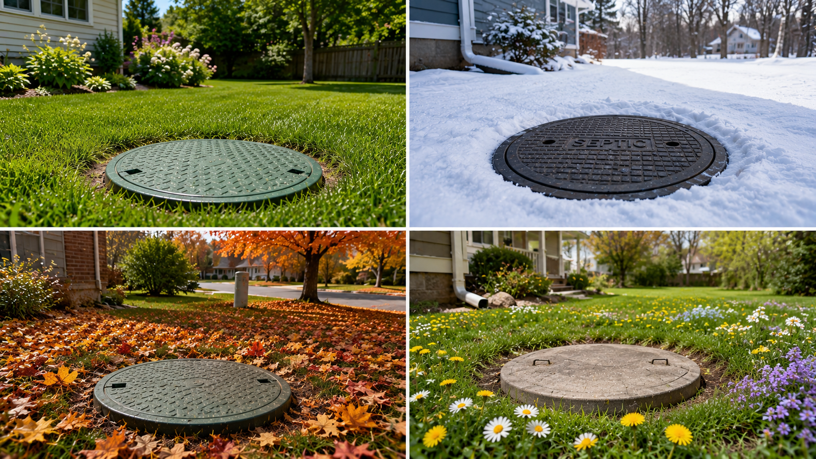 Four seasonal views of round manhole covers in a garden lawn: green, snowy, autumn leaves, and flowers.