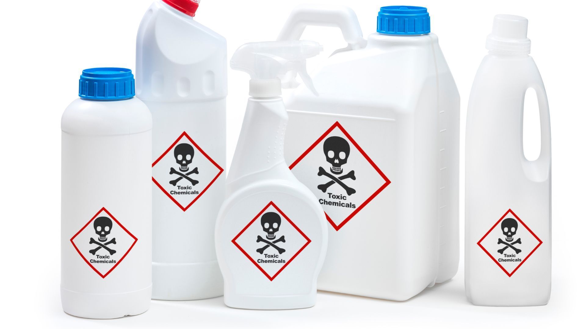 Assorted white chemical containers with blue caps, each marked with a toxic hazard symbol.