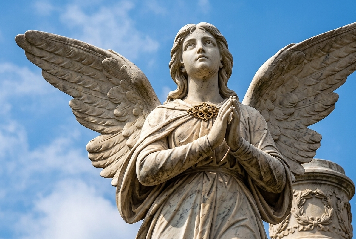 Statua di angelo in pietra con ali spiegate e mani giunte contro un cielo azzurro