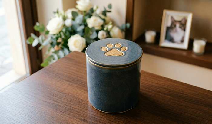 Urna blu per animali domestici con impronta di zampa dorata su un tavolo di legno, con fiori e foto incorniciate sullo sfondo.